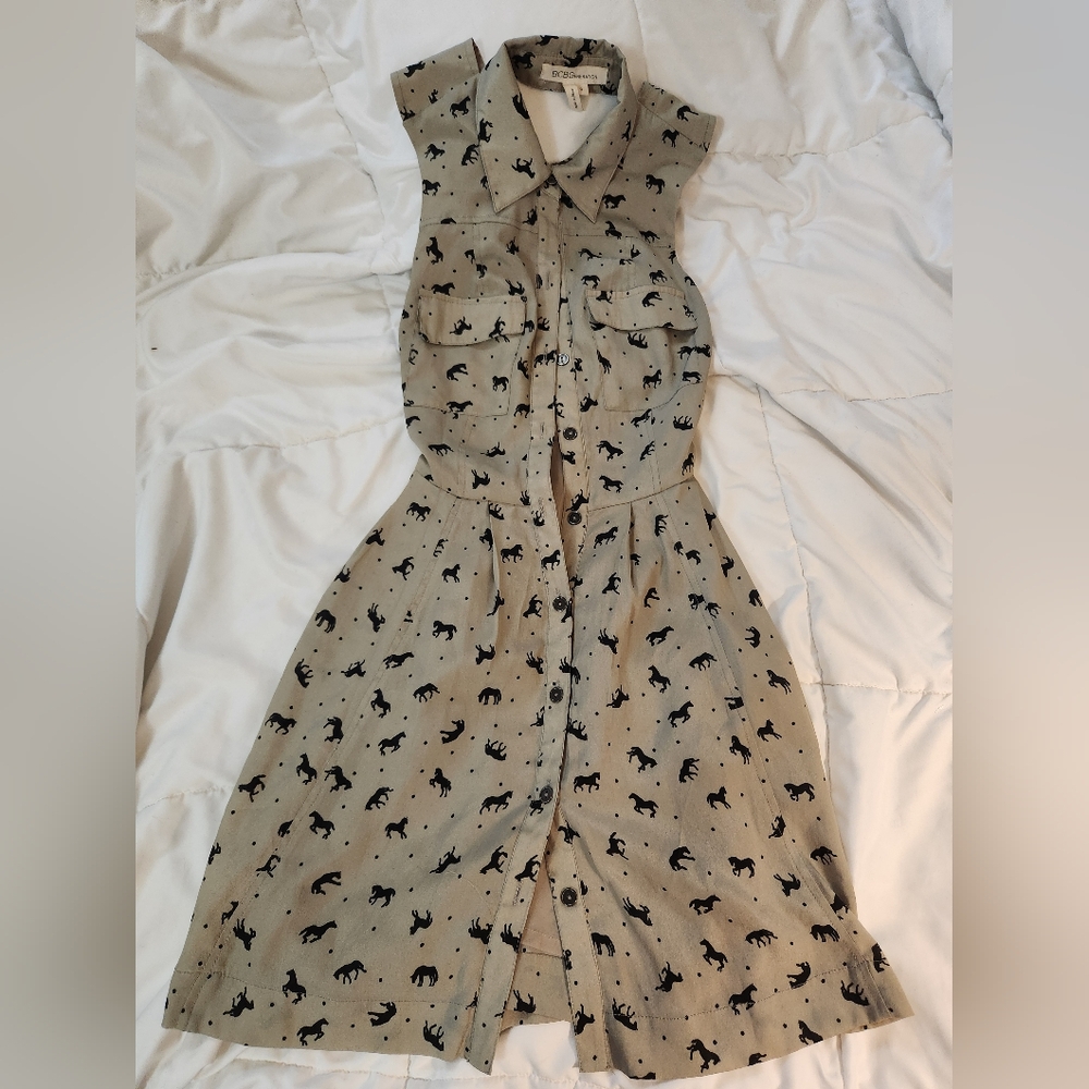 BCBGeneration Beige Midi Shirt Dress with Black Horse Print